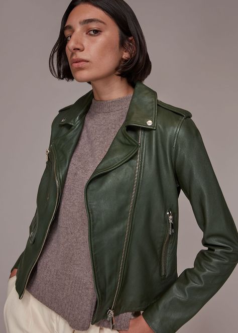 Green Leather Jacket Outfit, Leather Moto Jacket Womens, Green Leather Jacket, Cool Silhouettes, Womens Moto Jacket, Green Leather Jackets, Leather Biker Jacket, Leather Moto, Leather Moto Jacket