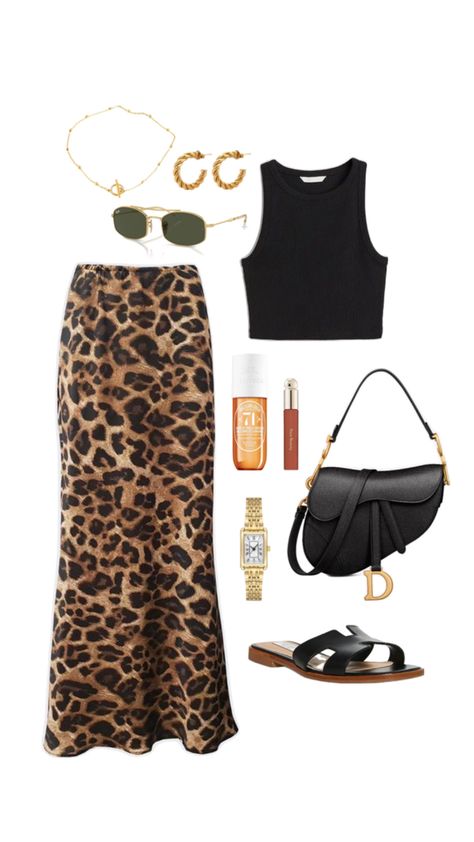 Leopard satin skirt outfit idea, fashion inspiration, fit inspi, Summer outfit, sandals, tank top, golden jewells, golden watch, sol de janeiro, dior saddle bag Leopard Satin Skirt, Safari Outfit Women, Leopard Skirt Outfit, Satin Skirt Outfit, Golden Watch, Leopard Print Outfits, Color Blocking Outfits, Casual Work Wear, Dior Saddle