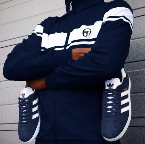 Perfect match - adidas Gazelle and Sergio Tacchini Masters tracksuit top... Navy Gazelle, Adidas Casual Shoes, Football Casual Clothing, 80s Films, Nike Leather, Adidas Casual, Spiritual Home, Football Casuals, Fila Vintage