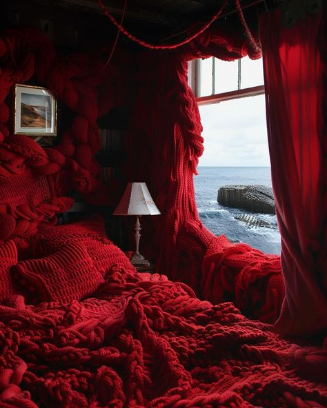 i see red house 🥩🧣🧧♦️✂️ Red Rooms Aesthetic, Room Ideas Red Aesthetic, Red Bed Aesthetic, Red Bedroom Aesthetic, Nature Bedroom Ideas, Alaska Cabin, Red Bedroom Design, Ocean Bedroom, Red Bed