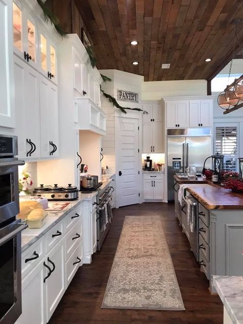 Kitchens With Wood Ceilings And Floors, Kitchen With Wood Ceiling And Floors, White Cabinets With Wood Accents, Kitchen Wood Ceiling Ideas, Kitchen Cabinets Tall Ceilings, Kitchens With Tall Ceilings, Tall Kitchen Ceilings, Kitchen With Tall Ceilings, Epic Kitchen