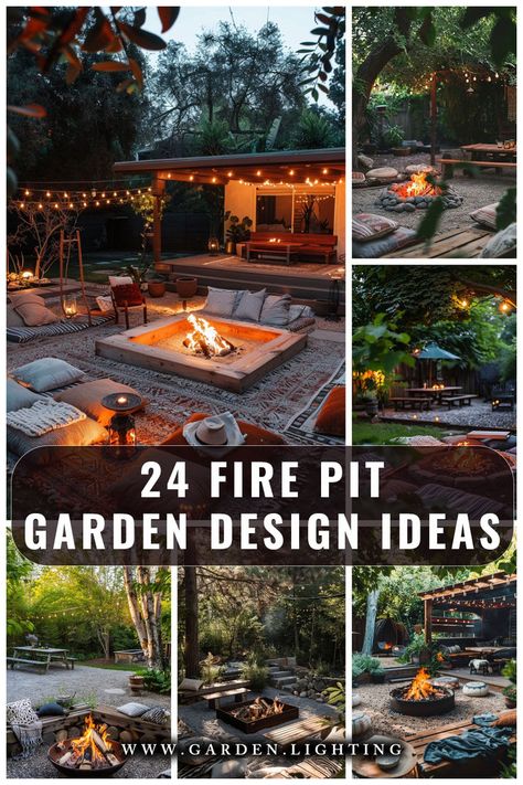 a collage of photos of a fire pit with a fire in it Outdoor Fire Pit With Lights, Fire Pit Oasis, Covered Fire Pit Ideas Backyard, Landscaping Fire Pit Ideas, Outdoor Fire Pits Ideas Backyards, Wood Fire Pit Ideas Backyard, Inground Fire Pit With Seating, Fire Pit Design Ideas, Outdoor Fire Pit Area Ideas