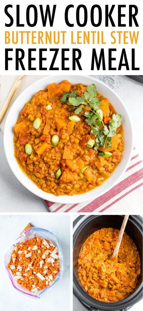 A hearty vegetarian slow cooker stew with butternut squash, red lentils, coconut milk and a robust blend of spices. This stew is the perfect way to warm up on a cold day. Vegan + gluten-free. This easy freezer meal can be prepped ahead, and thrown in the slow cooker whenever you want an easy vegan meal! #freezermeal #slowcooker #lentil #butternutsquash #eatingbirdfood Stew With Butternut Squash, Red Lentil Stew, Vegetarian Slow Cooker, Vegetarian Freezer Meals, Chili Toppings, Slow Cooker Freezer Meals, Slow Cooker Stew, Healthy Freezer Meals, Slow Cooker Vegetarian