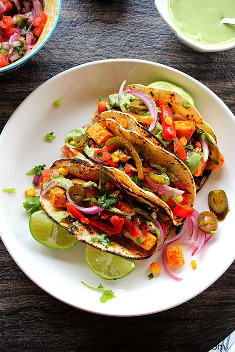 Paneer Tacos - Madhu's Everyday Indian Paneer Tacos, Jalapeno Crema, Crispy Paneer, Fusion Tacos, Masala Corn, Fusion Recipes, Indian Veg Recipes, Traditional Mexican Food, Jalapeno Peppers