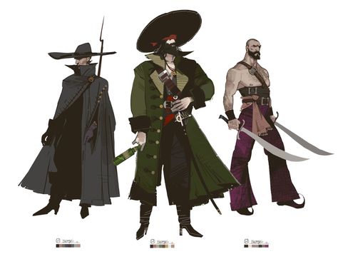 Pirate style sketches, Brian Matyas on ArtStation at https://www.artstation.com/artwork/d9l23 Pirate Outfit Concept Art, Pirates Reference, Starwars Pirate, Pirate Captain Character Design, Pirates Concept Art, Pirate Oc Art, Pirates Character Design, Pirate Navigator, Pirate Pose