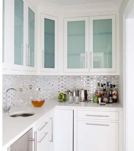 Love the backsplash. It's like confetti in the kitchen! Design by Morgan Harrison Home. Frosted Kitchen Cabinets, Kitchen Design Glass Cabinets, Frosted Cabinet Doors, Butlers Cabinet, Kitchen Cabinets With Glass Doors On Top, Frosted Glass Kitchen Cabinets, Cheap Backsplash, Glass Kitchen Cabinet, Contemporary Restaurant