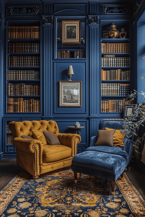 29 Blue and Yellow Boho Decor Ideas: Blend Bold Colors for a Vibrant and Stylish Space Unexpected Red Theory, Colorful Bookshelves, Red Library, Victorian Remodel, Colour Drenching, Red Theory, Blue Library, Alcove Bed, Moody Office