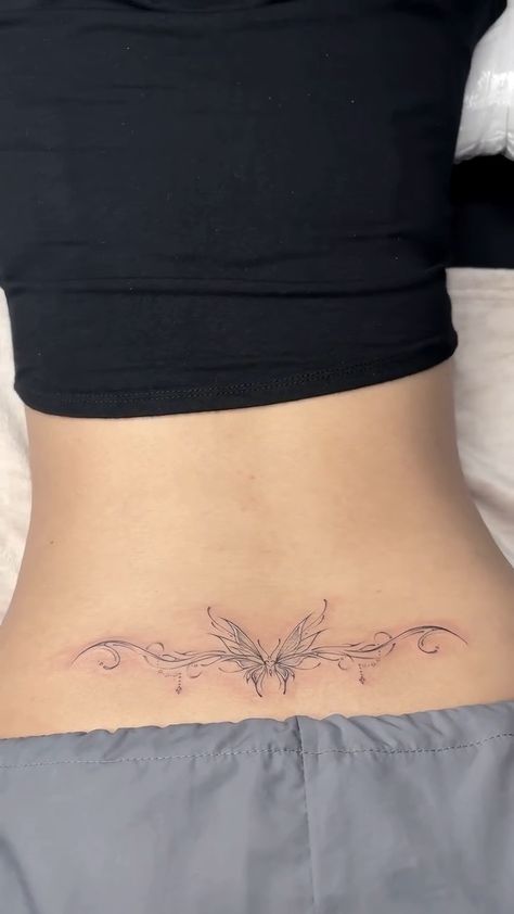 Ear To Shoulder Tattoo, Fairy Lower Back Tattoo, Lower Back Tattoos Butterfly, Feminine Tramp Stamps, Pretty Lower Back Tattoos, Tramp Stamps Tattoo, Tattoo Ideas Female Lower Back, Back Dimple Tattoo, Tram Stamp Tattoo