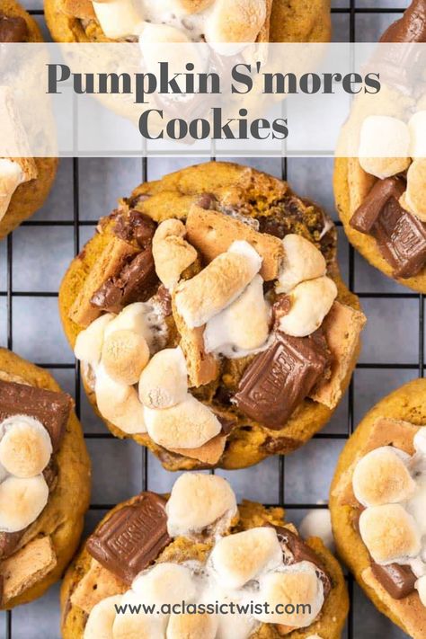 Pumpkin Spice Meringue Cookies, Halloween Flavored Cookies, Pumpkin Smore Cookies, Pumpkin S’mores Cookies, Pumpkin Marshmallow Cookies, Fall Cookie Recipes Easy, Pumpkin Smores Cookies, Call Cookies, Pumpkin Smores