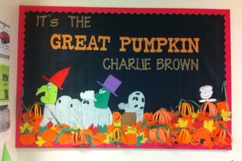 It's the Great Pumpkin Charlie Brown bulletin board Great Pumpkin Charlie Brown Bulletin Board, Charlie Brown Halloween Bulletin Boards, Great Pumpkin Bulletin Board, Charlie Brown Bulletin Board Ideas, Charlie Brown Bulletin Board, Kids Painted Pumpkins, Halloween Library, October Preschool, Halloween Classroom Door