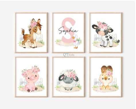 Personalized Farm Animal Nursery Prints, Pink Barn Cow Sheep Horse Pig Flowers Posters, Girl Name Barn Yard Playroom decor, DIGITAL DOWNLOAD Barnyard Theme, Animal Nursery Prints, Farm Animal Nursery, Prints Pink, Farm Nursery, Theme Nursery, Girl Name, Nursery Animal Prints, Playroom Decor