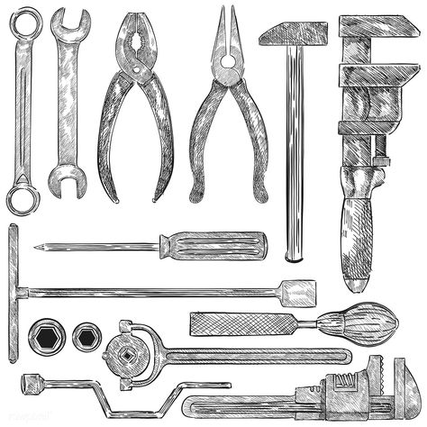 Illustration of a set of mechanic tools | free image by rawpixel.com Engineering Doodles, Mechanics Drawing, Vintage Mechanics, Tool Tattoo, Mechanic Tattoo, Engineering Tools, Mechanical Art, Object Drawing, Free Vector Illustration