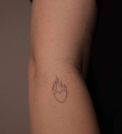 Small Heart On Fire Tattoo, Tiny Anatomical Heart Tattoo, Heart In Fire Tattoo, Heart With Horns Tattoo, Heart With Flames Tattoo, Heart Flame Tattoo, Fireheart Tattoo, Burning Heart Tattoo, Fire Heart Tattoo