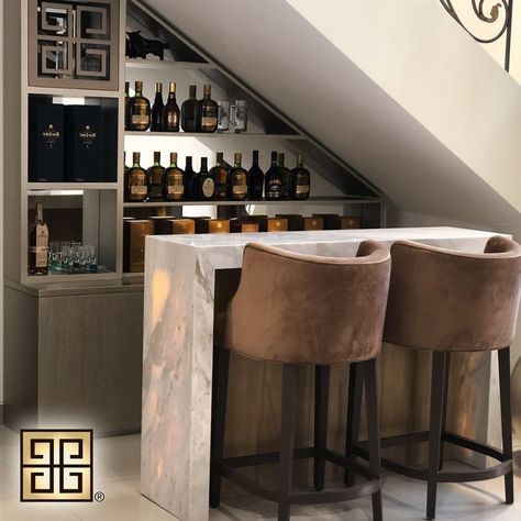 Mini Bar Ideas Under The Stairs, Basement Stair Well Wall Ideas, Basement Bar Under Stairs, Under The Stairs Bar Ideas, Art Deco Basement Bar, Bar Under Stairs Ideas, Under Stairs Bar Ideas, Bar Under Staircase, Home Bar Under Stairs