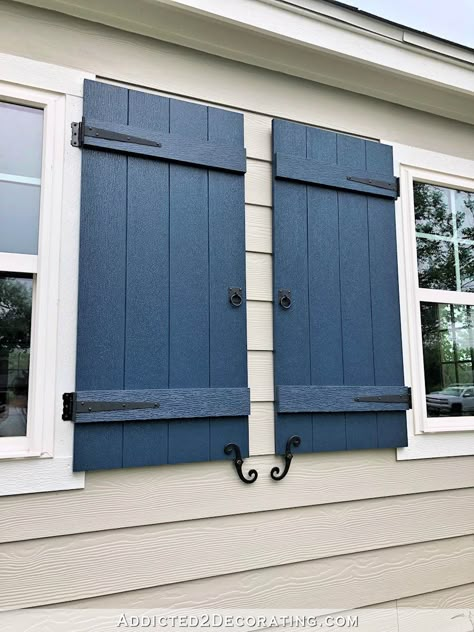 Functional Shutters Exterior Diy, Functional Window Shutters Exterior, Diy Functional Shutters, Functional Shutters Exterior, Shutter Hardware Exterior, Diy Exterior Shutters, Exterior Shutters Ideas, Functional Shutters, Exterior Shutter Hardware