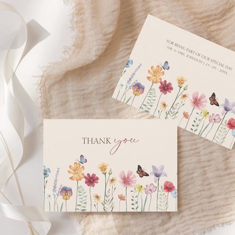 Colorful Thank You Card, Wildflower Thank You Card, Thank You Card For Wedding, Floral Thank You Cards, Watercolor Floral Card, Simple Thank You Card, Thank You Card Design Ideas, Unique Thank You Cards, Thank You Wedding Cards