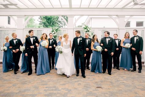 Black Tux And Blue Bridesmaids, Black Tux Blue Bridesmaid, Blue Tux Wedding, Navy Tuxedo Wedding, Navy Blue Bridesmaids Dresses, Pink Bridal Party, Black Tuxedos, Blue Bridesmaids Dresses, Navy Blue Bridesmaids