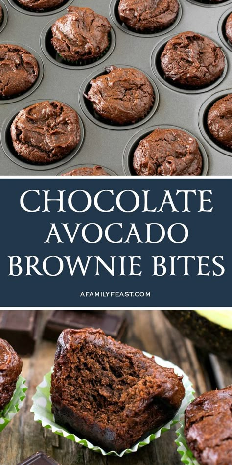 Chocolate Avocado Brownie Bites are a delicious sweet treat that everyone loves. Baking With Avocado Recipes, Baking With Avocado, Avocado Baking, Healthy Brownie Bites, Avocado Baking Recipes, Avocado Cupcakes, Chocolate Avocado Brownies, Resep Vegan, Toast Aperitif