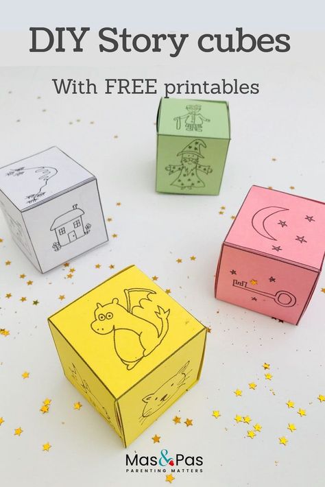 How to make your very own story cubes with our FREE printables. Story cubes are a great way to spark your child’s imagination and encourage their creativity. Each time your child rolls the cubes they will get different characters, settings and objects that they have to include in their story. The combination of pictures will instantly prompt ideas for magical and exciting stories that they can tell. We’ve created four different story cubes for you to download and print out so you can enjoy makin Story Telling Activities, Cube Template, Story Cubes, Times Tables, Bahasa Melayu, Educational Activities For Kids, Literacy Activities, Business For Kids, Kindergarten Activities