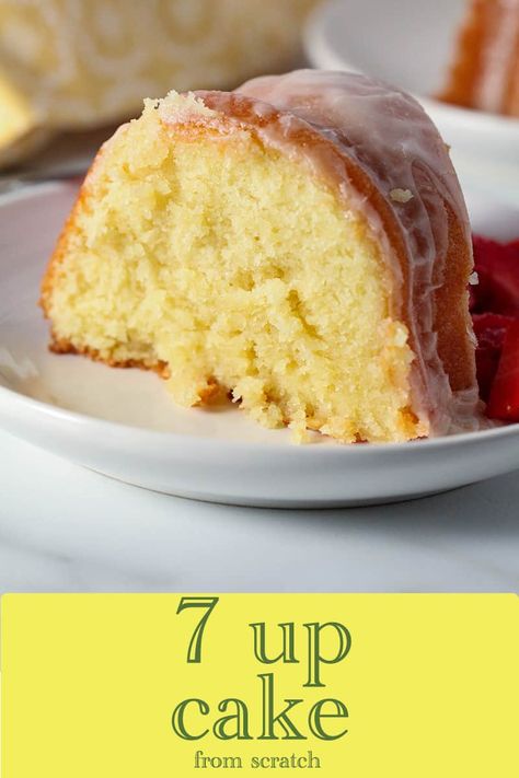 7 up cake made from scratch is moist and delicious. It tastes light and refreshing because of the lemon-lime flavored soda in the cake. It's perfect anytime of year but would make a great dessert for Easter or spring brunch. Five Flavor Pound Cake, Lemon Bundt Cake Recipe, 7 Up Cake, Coconut Cakes, Sugar Spun Run, Soda Cake, Lemon Cakes, Lemon Pound Cake Recipe, Up Cake