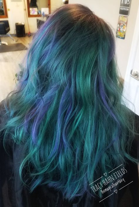 Mermaid hair Blue Hair Green Highlights, Blue Hair With Green Highlights, Dark Green Blue Hair, Blue And Green Dyed Hair, Purple Green Blue Hair, Dark Blue And Green Hair, Swamp Hair, Blue Green Hair Color, Blue And Teal Hair