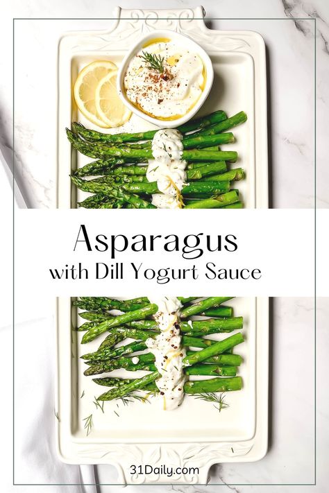 Roasted Asparagus with Dill Yogurt Sauce is a 5 minute side dish that's crisp, tender, and amazingly delicious with an equally quick and easy sauce that makes this side dish pretty enough to serve for holidays and guests. Easy Spring Side Dishes, Recipes For Easter Dinner, Dill Yogurt Sauce, Asparagus Sauce, Yogurt Dill Sauce, Spring Side Dishes, Christmas Side Dish, Christmas Side Dish Recipes, Spring Breakfast