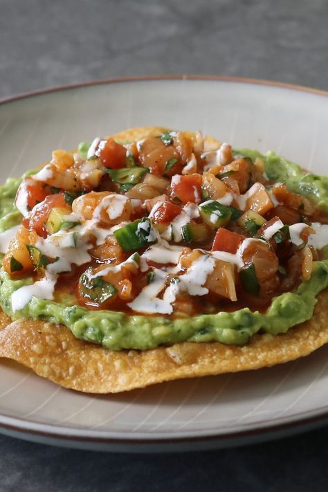 Deviled Shrimp Tostadas Deviled Shrimp, Shrimp Tostada, Shrimp Tostadas, Tostada Recipes, Avocado Spread, Fried Corn, Chef John, Corn Tortilla, Quick Dinners