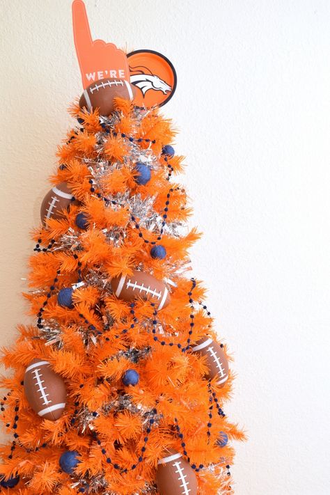 Denver Broncos Themed Orange Christmas Tree for the Super Bowl by Jennifer Perkins Vols Christmas Tree, 49ers Wreath, Christmas Tree Ideas 2023, Orange Christmas Tree, Themed Trees, Tree Ideas Christmas, Fruit Christmas Tree, Christmas Tree Decor Ideas, Tree Decor Ideas