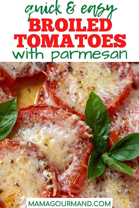 Baked Tomatoes are cheesy, oven roasted tomato slices with golden parmesan or mozzarella cheese and sprinkled with fresh basil. Easy Baked Parmesan Tomatoes make an allstar appetizer or an easy dinner side dish in minutes!#bakedtomatoes #slices #withparmesan #withmozzarella #withcheese #broiled Cheesy Baked Tomatoes, Broiled Tomatoes Parmesan, Baked Tomatoes Recipes, Baked Tomatoes With Parmesan, Baked Tomato Slices, Tomato Side Dish Recipes, Mamagourmand Recipes, Broiled Tomatoes, Baked Tomato Recipes