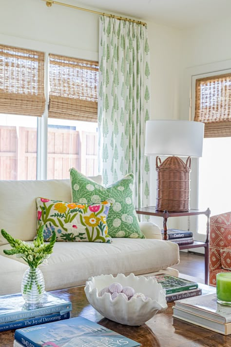 Colorful Coastal Homes Interior, Southern Home Magazine Interiors, Colorful Timeless Home, Subtle Color Home Decor, How To Style Short Windows, Oyster Creek Studios Living Room, Palm Beach Living Room Decor, Florida Homes Interior Design Chic, Preppy Boho Living Room