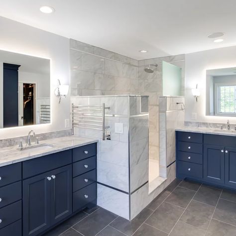 Super White Granite, Doorless Shower, Gray And White Bathroom, Tv In Bathroom, Stand Alone Tub, Blue Vanity, Bathroom Cabinetry, Smart Bathroom, Transitional Bathroom