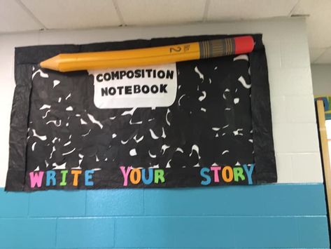 Composition Bulletin Board, Composition Notebook Bulletin Board, Writing Notebook, Classroom Bulletin Boards, School Bulletin Boards, Writing Contests, Composition Notebook, Student Work, Bulletin Board