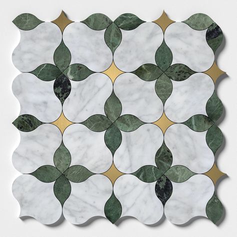 With Brass, Verde Tia, White Carrara Honed Lily Marble Mosaic you can make any room look perfect and pristine. The beauty of mosaic tiles is hard to deny: whether you want the bold feel or some softer tones for your home decor, there's a mosaic out there waiting just for you. Marble is a material that has been used by the rich and powerful for centuries. The ancients, like Egypt's Pharaohs had marble in their tombs to show off how much they could afford. If you're looking for exclusivity then Marble Mosaics might be just what your home needs. Marble offers many decorating options, which can help you achieve that luxurious feel at home without the hefty price tag. The honed finish is less reflective, making the space feel like its own. Mix and match from a variety of flooring options such a Emerald Bathroom Tile, Mosaic Tile Stairs, Unique Flooring Ideas Tile, Kitchen With Fun Backsplash, Marble Floor Tile Pattern, Mosaic Home Decor, Black And White Tile Floor Bathroom, Green Bathroom Floor Tiles, Marble Tile Shower Walls