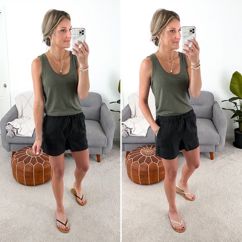 Olive Green Linen Shorts Outfit, Casual Green Leisure Shorts, Navy Linen Shorts Outfit, Spring Green Linen Shorts, Green Linen Shorts Outfit, Olive Summer Shorts, Navy Linen Shorts, Linen Shorts Outfit, Linen Outfit