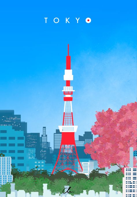 Tokyo City Illustration - Tokyo Tower Japan City Illustration, Tokyo Illustration City, Tokyo Travel Poster, Tokyo Tower Illustration, Tokyo Illustration, Tokyo Picture, Japan Illustration, City Postcard, Tokyo Art