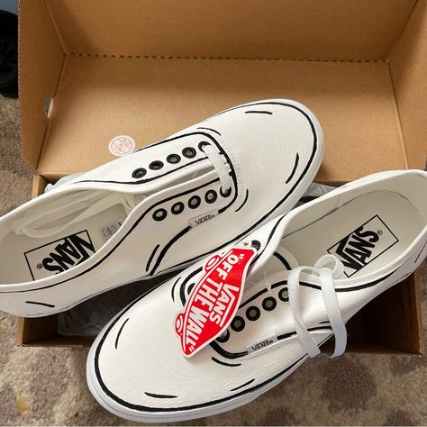 Men’s Size 8. Nwt Custom Painted Comic Book Cartoon Style White And Black Cell Shaded Shoes, Paint Vans Shoes Diy, Painting Vans Shoes, Cartoon Painted Shoes, Vans Design Shoes Diy, White Shoes Painting Ideas, Painted Vans Old Skool, Drawing On Shoes Ideas, Shoe Painting Ideas Vans