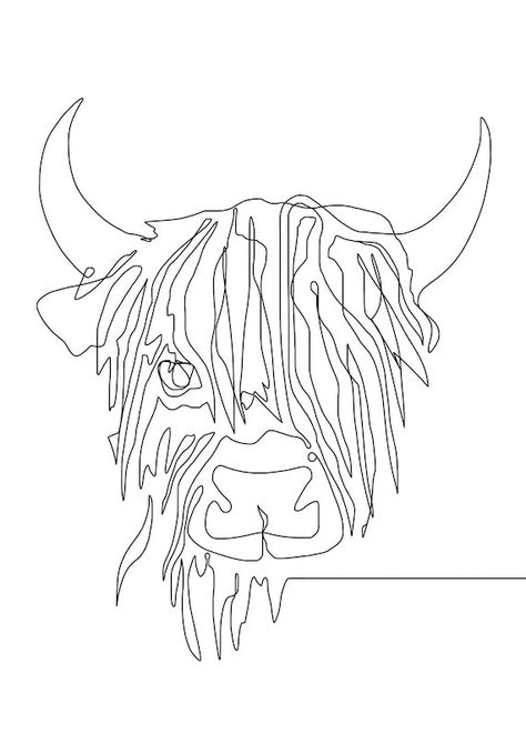 Highland Cow Line Drawing, Hyland Cow Tattoo, How To Draw A Highland Cow, Draw A Highland Cow, Highland Cow Outline, Cow Line Drawing, Scottish Highland Cow Art, Cow Line Art, Highland Cow Tattoo