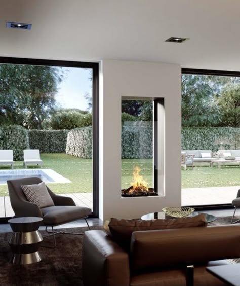 Dual Fireplace Indoor Outdoor, Double Sided Glass Fireplace, Dual Sided Fireplace Indoor Outdoor, Indoor Outdoor Fireplace Double Sided Modern, Double Side Indoor Outdoor Fireplace, Two Way Fireplace, Indoor Outdoor Fireplaces, Living Room Sofa Design, House Extension Design