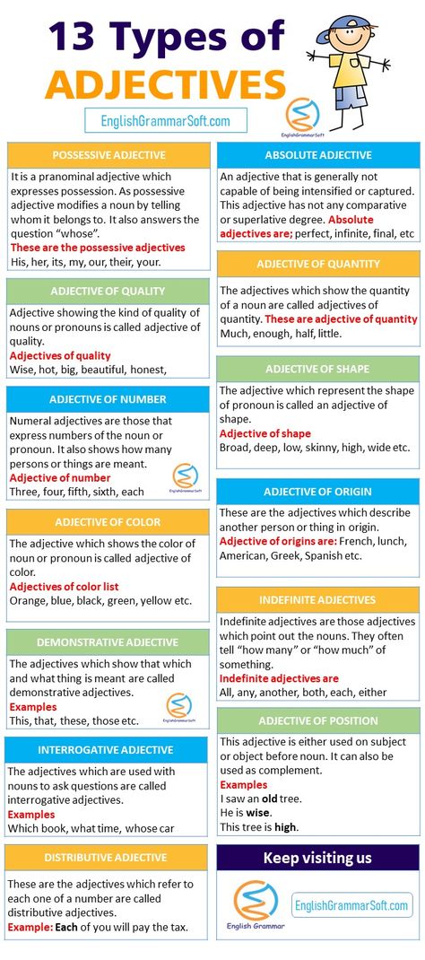 How do you describe adjectives? 13 Types of Adjectives with Examples #adjectives #adjective Types Of Words In English, English Grammar Adjectives, Teaching English Grammar Teachers, Adjective Rules, Grammer English Grammar Rules, Adjective Types, Adjective Grammar, Types Of Adjectives, Adjectives Lesson