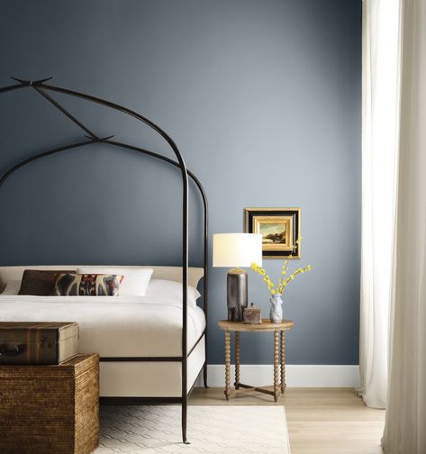 Sherwin-Williams Announces Color Capsule of the Year Blue Bedroom Walls Sherwin Williams, 2025 Color Trends, Moody Paint, Blue Wall Colors, Blue Bedroom Walls, Houses In America, Stormy Blue, Paint Trends, Blue Gray Paint