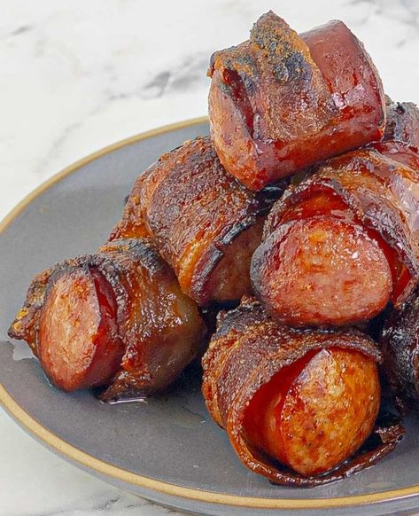 Bourbon Brown Sugar Bacon Wrapped Sausages - SAVOR With Jennifer Bacon Sausage Wraps, Bacon Wrapped Conecuh Sausage, Bacon Wrapped Cocktail Weenies, Bacon Wrapped Brats In Oven, Sausage Wrapped In Bacon, Sweet And Spicy Bacon, Bacon Wrapped Water Chestnuts, Bacon Wrapped Sausages, Appetizer Wraps