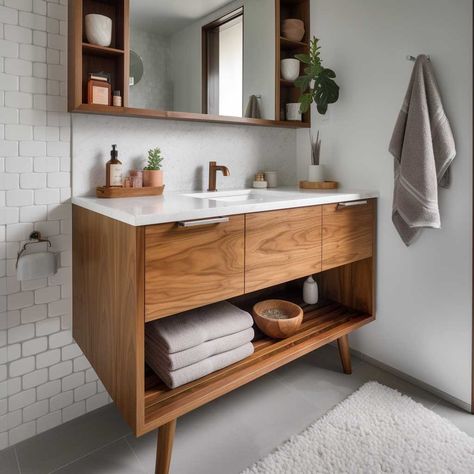 Modern Bathroom Vanity Design, Small Mid Century Bathroom, Mid Century Modern Bathroom Vanity, Modern Mid Century Bathroom, Mid Century Bathroom Vanity, Wooden Vanity Unit, Midcentury Modern Bathroom, Mid Century Modern Vanity, Blue Bathrooms Designs