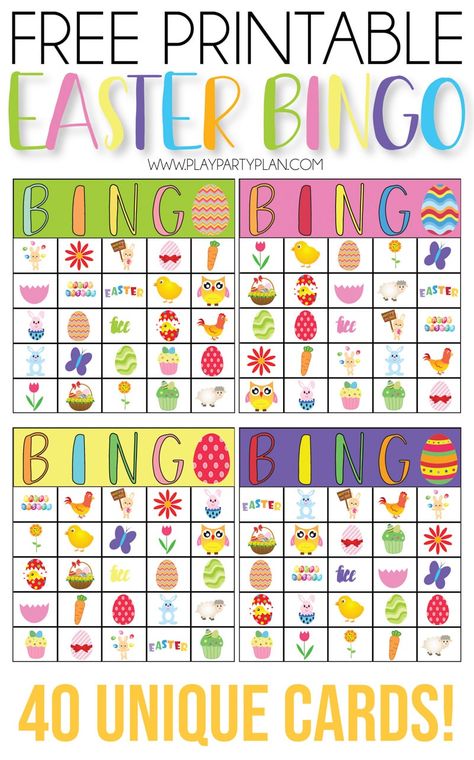 Free printable Easter bingo game that works great for preschool all the way up to cards for adults! Includes 40 unique cards and tons of fun prizes for kids or adults! Easter Activities For Seniors, Carehome Ideas, Easter Bingo Free Printable, Easter Bingo Cards, Easter Bingo, Free Printable Bingo Cards, Easter Games For Kids, Birthday Games For Adults, Easter Party Games