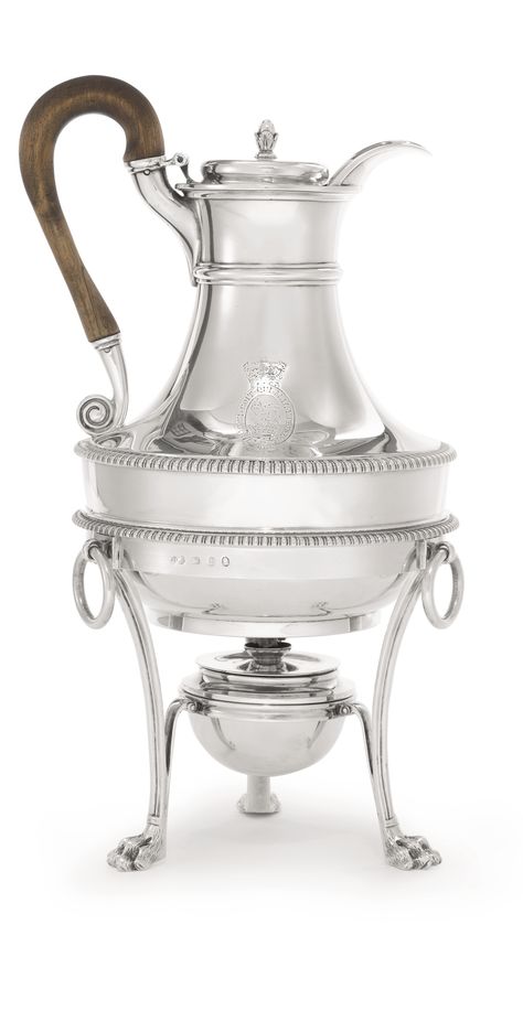 c1804 A George IIII Silver Coffee Jug on Lampstand, Paul Storr, London, 1804 Estimate 6,000 — 8,000 USD King George Iii, Antique Silverware, Ring Handle, Butler's Pantry, George Iii, Chocolate Pots, King George, Art Old, Art Exhibitions