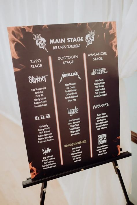 Table Plan Seating Chart Rock Roll Alternative Cheddon Fitzpaine Wedding Whoisbenjamin #wedding #tableplan Rock Music Wedding Theme, Rock N Roll Theme Wedding, Record Table Chart, Music Wedding Table Plan, Wedding Ideas Rock And Roll, Rock Wedding Decorations, Rock And Roll Wedding Decorations, Rock N Roll Wedding Seating Chart, Music Wedding Seating Chart