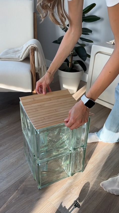 Diy Glass Brick Ideas, Glass Block Coffee Table, Diy Glass Top Coffee Table, Diy Iridescent Decor, Funky Coffee Table Diy, Glass Brick Table, Glass Block Table, Tile Coffee Table Diy, Diy Glass Coffee Table