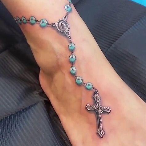 Rosary tattoo Rosary Ankle Tattoos, Rosary Tattoo On Hand, Rosary Bead Tattoo, Rosary Tattoo, Ankle Bracelet Tattoo, Tato Henna, Cross Tattoos For Women, Anklet Tattoos, Foot Tattoos For Women