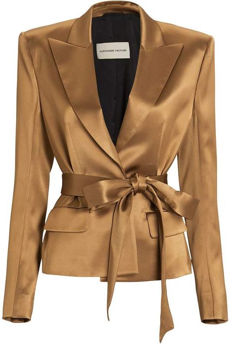 Satin Blazer Outfits, Tie Blazer, Winter Coat Outfits, Draping Fashion, Silk Coat, Satin Blazer, Lace Trim Top, Alexandre Vauthier, Satin Jackets