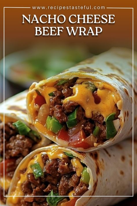 These Nacho Cheese Beef Wraps are a delicious combination of seasoned ground beef, creamy nacho cheese, and crunchy Doritos, all wrapped up in a soft flour tortilla. Perfect for a quick weeknight dinner or a game day treat! Ground Beef Wraps, Gyro Wrap, Beef Nachos, Seasoned Ground Beef, Beef Wraps, Taco Seasoning Packet, Nacho Cheese Sauce, Flour Tortilla, Nachos Beef