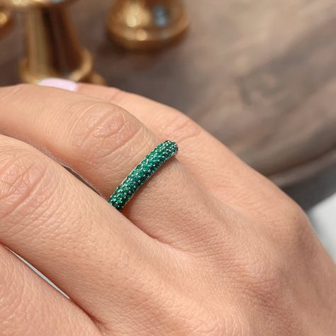 3 Rows Thick Wedding Band - Set with 1.25 Carat Green Color Emeralds Gemstones with Pave Mounting. Thick Wedding Band, Thick Wedding Bands, Pave Wedding Rings, Emerald Wedding Band, Engagement Gifts For Her, Gemstone Wedding Rings, Oval Diamond Engagement, Emerald Wedding, Wedding Band Sets